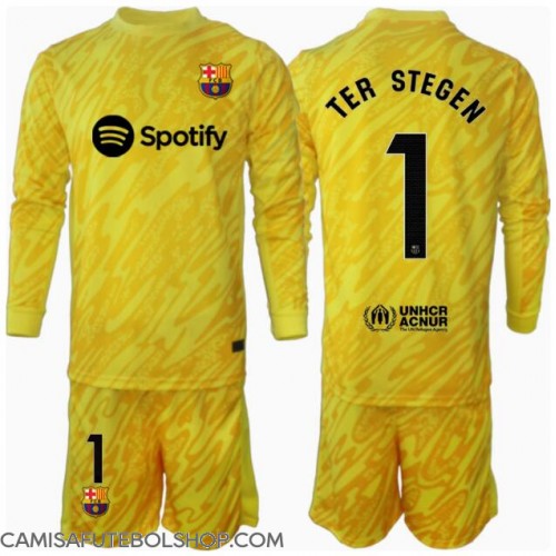Camisa de time de futebol Barcelona Ter Stegen #1 Goleiro Replicas 1º Equipamento Infantil 2024-25 Manga Comprida (+ Calças curtas)
